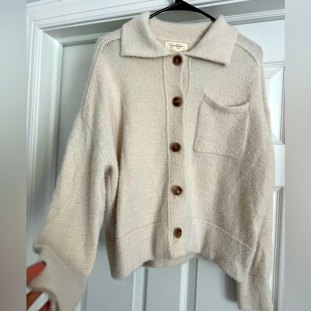 Jessica Simpson Cream Eyelash Knit Collared Button Up Sweater